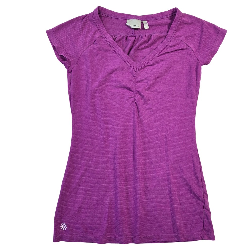 Athleta Purple Fitted V Neck Ruched Short Sleeve Athletic Top XXS Athleisure Gym